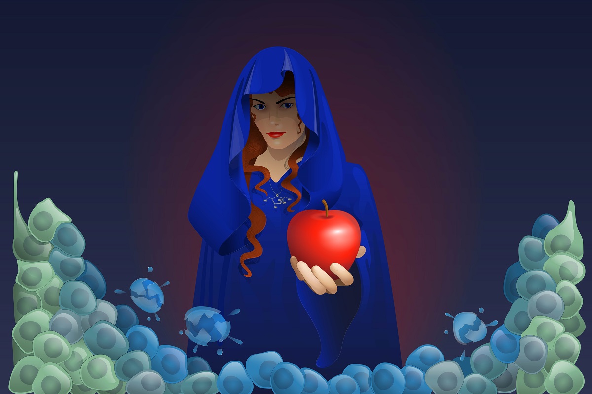 Color illustration of evil queen from Snow White offering apple to cancer cells.