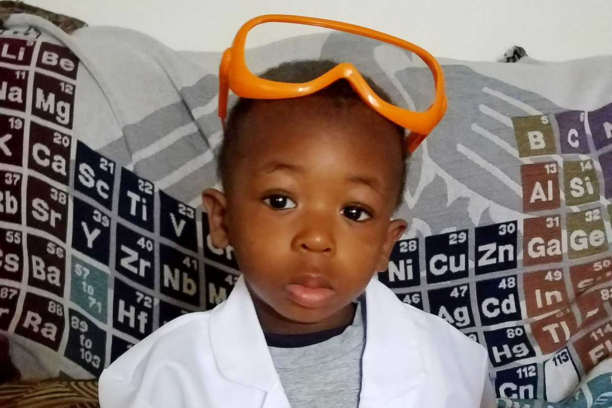 Zedekiah Taabazuing, 3 years old, dressed as a scientist
