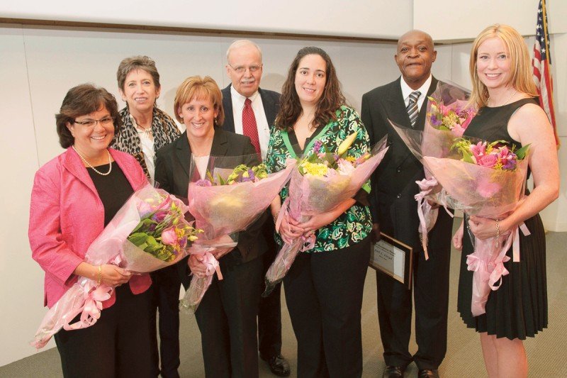(From left) Lynn Adams, Samuel and May Rudin Foundation President Beth Rudin DeWoody, Debra Havranek, Nurse Practitioner Clinical Program Director Dennis Graham, Jerelyn Osoria-Julien, Joel Lloyd, and Jacquelyn Burns