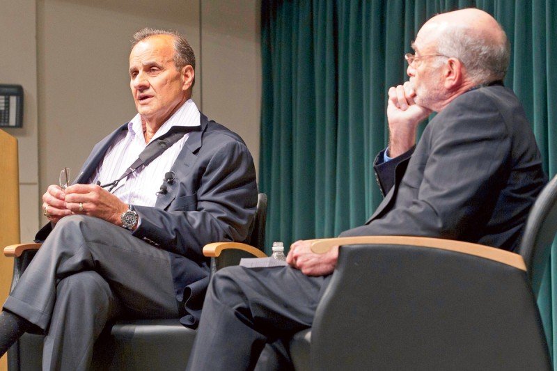 Joe Torre (left) chats about his prostate cancer experience with Robert Wittes at the Memorial Sloan-Kettering survivorship celebration.