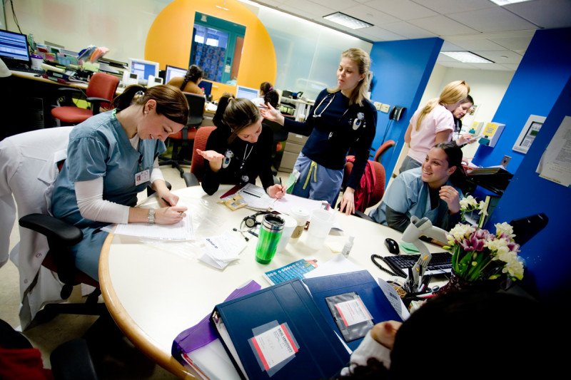 The nurses' station, located in the middle of the Inpatient Unit, is a constant hub of activity for the medical staff.