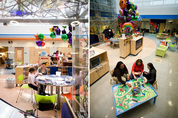 (Right) Arts and crafts take place every morning in the Recreation Center and at the bedside. (Left) The Recreation Center has numerous different play stations designed for patients of any age.