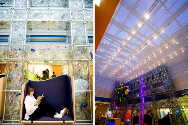 (Right) Though many activities and events take place in the Recreation Center, there is always time for reading or even a nap. (Left) Young patients can activate sound and motion sensors embedded in the feature wall by standing on footprint floor tiles.