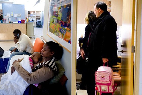 (Left) Our waiting areas have high-speed internet access and comfortable seating. (Right) Both parents are encouraged to stay in the exam room with their child.