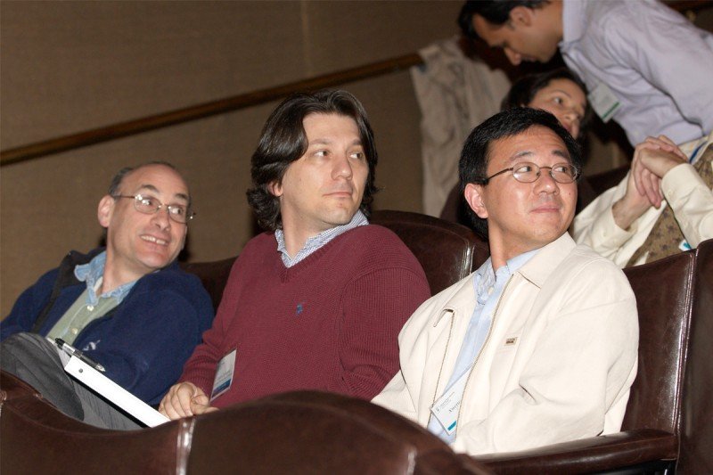 Andrew Koff, Molecular Biology BTC Member; Luca Cartegni, 2007 Grant Recipient Presenter, Molecular Pharmacology & Chemistry Program BTC Member; and Xeujun Jiang, Cell Biology BTC Member, listening to remarks from the audience.