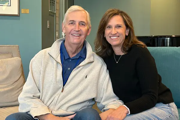 MSK treated Steve Harrold, sitting with his wife, Sara, for throat cancer. 