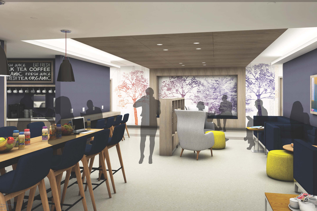 Artist’s rendering of postoperative area for patients with chairs, long table with fruit and juice, and shadow figures of people.