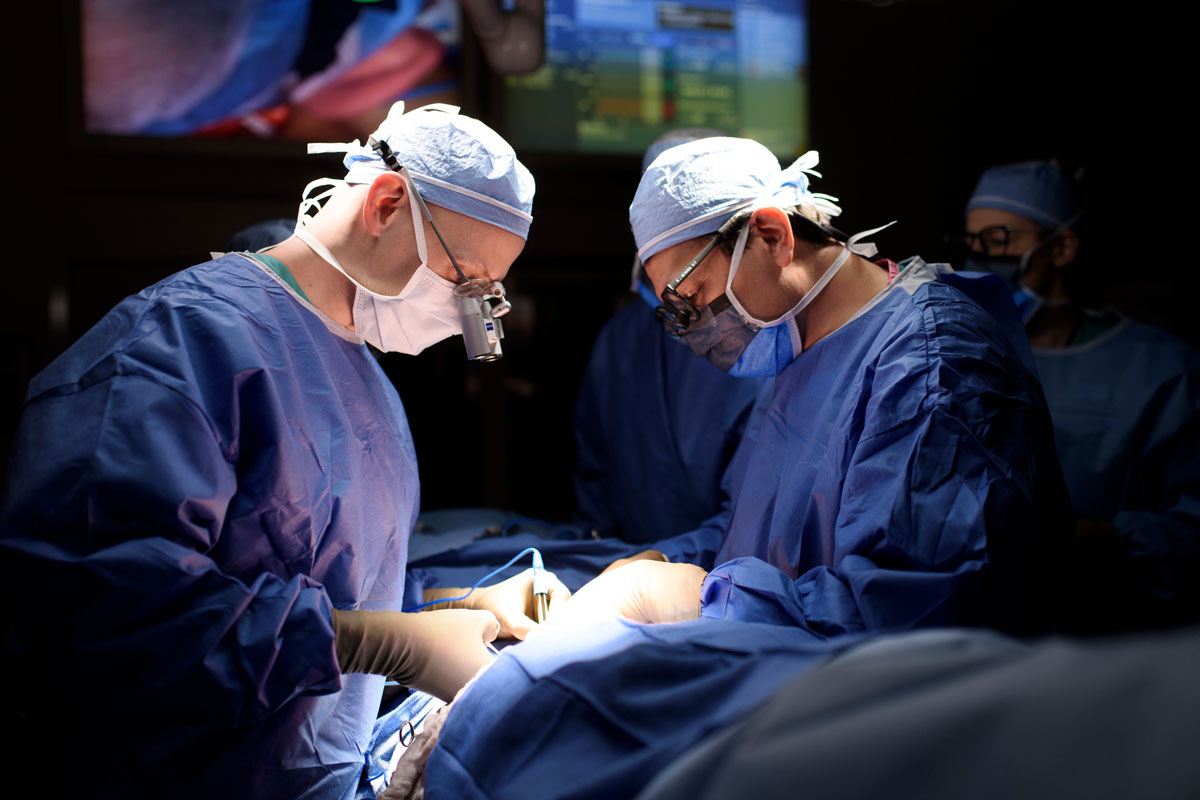 Our reconstructive surgeons have developed highly specialized techniques for treating facial paralysis so patients with parotid gland tumors can regain movement after treatment. Shown here: Joseph Dayan and Babak Mehrara