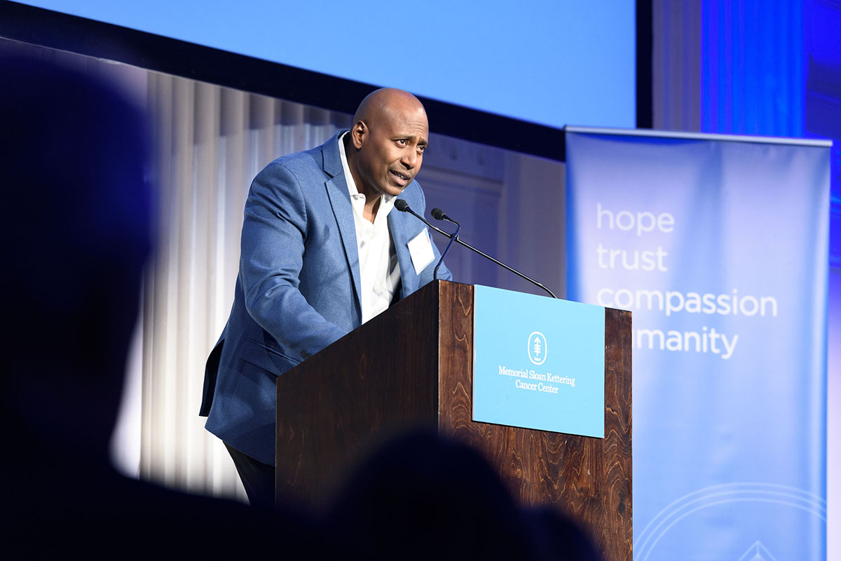 Hill Karl-Otto speaks onstage, telling his experiences receiving a BMT procedure at Memorial Sloan Kettering, during the 24th annual event to honor the patients, caregivers, and staff of the MSK Blood Marrow Transplant Service.   