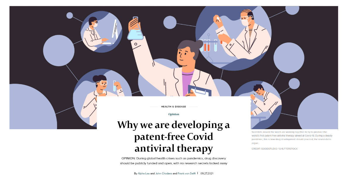Screen shot from Knowable Magazine showing an essay titled "Why we are developing a patent-free Covid antiviral therapy"