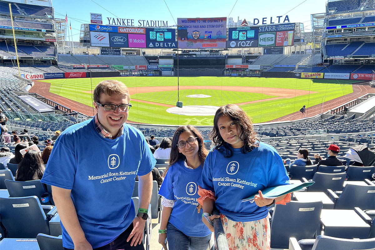 L to R: Drs. Grady Nelson, Mala Jain, and Tanaya Roychowdhury. The three MSK researchers served as judges of the District 9 science fair at Yankee Stadium on May 6, 2023.
