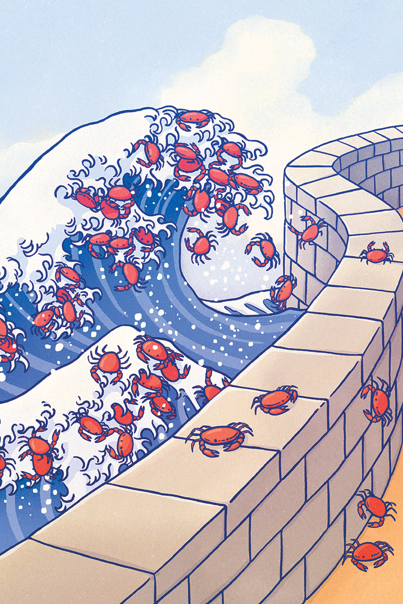 A wave carrying crabs crashes against a brick wall