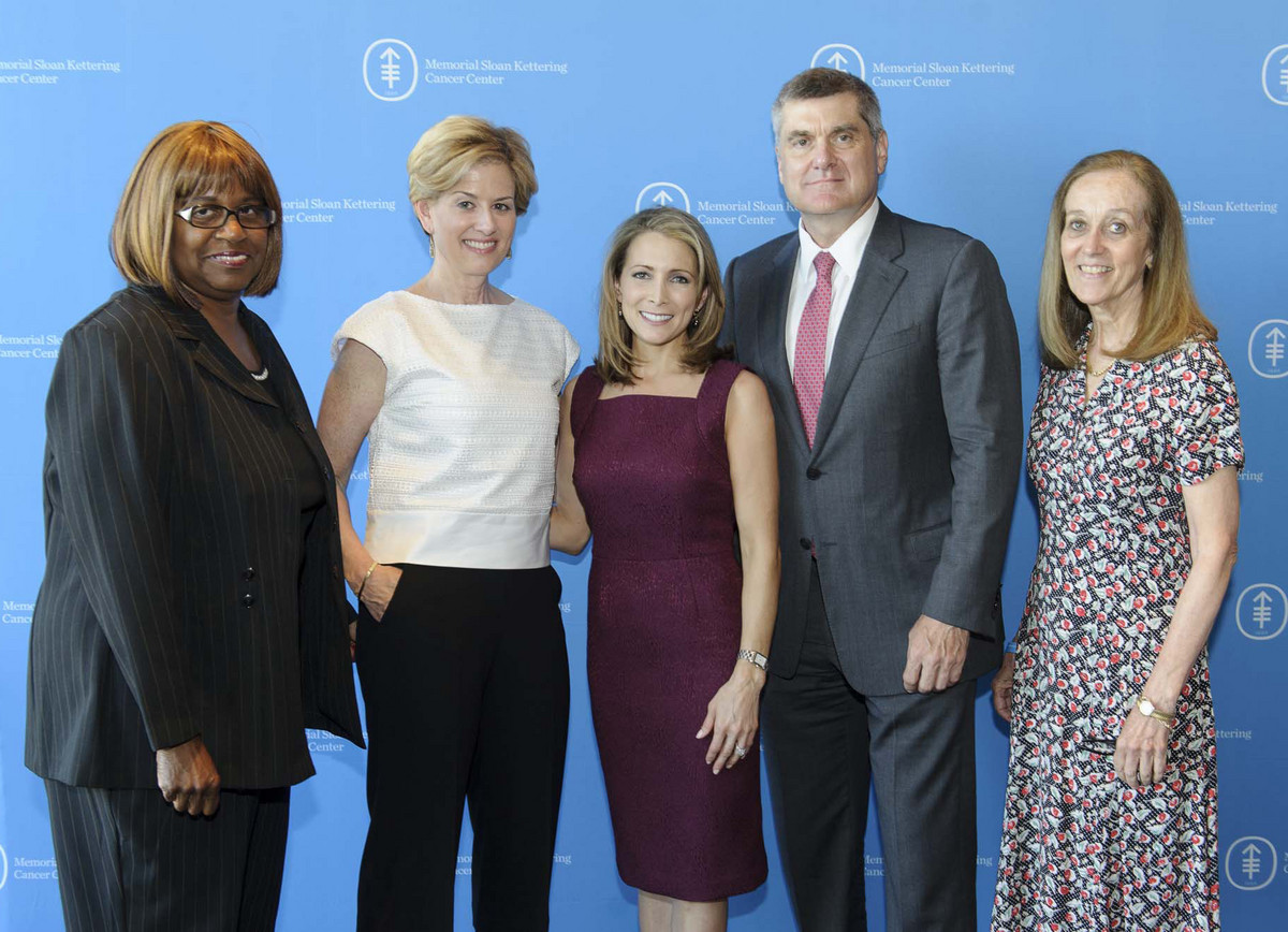 (From left) Cancer survivors and speakers Denise Bing, Shawn Tesser, and Shannon Miller with MSK President Craig Thompson and Mary McCabe, Director of our Cancer Survivorship Initiative, at our Manhattan celebration