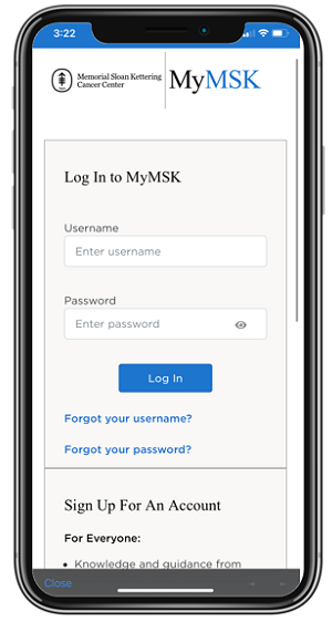 Figure 12. MyMSK mobile app Log in screen