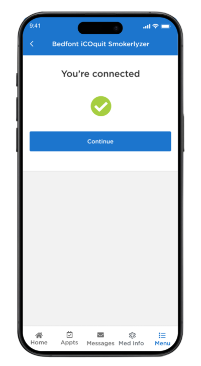 Figure 8. The Continue button will appear after MyMSK is connected to your device.