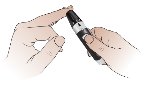 Figura 12. Sostenga con firmeza el dispositivo de punción contra el costado del dedo