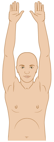 Person facing forward with arms raised above head