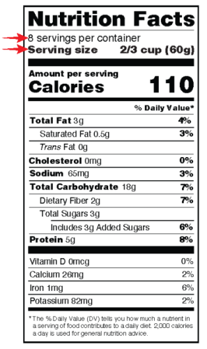 Рисунок 2.  Как найти размер порции и количество порций в упаковке на этикетке с указанием пищевой ценности