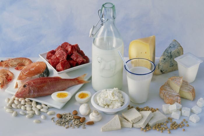 Photo of an array of high-protein foods, including meat, cheese, milk, and nuts.