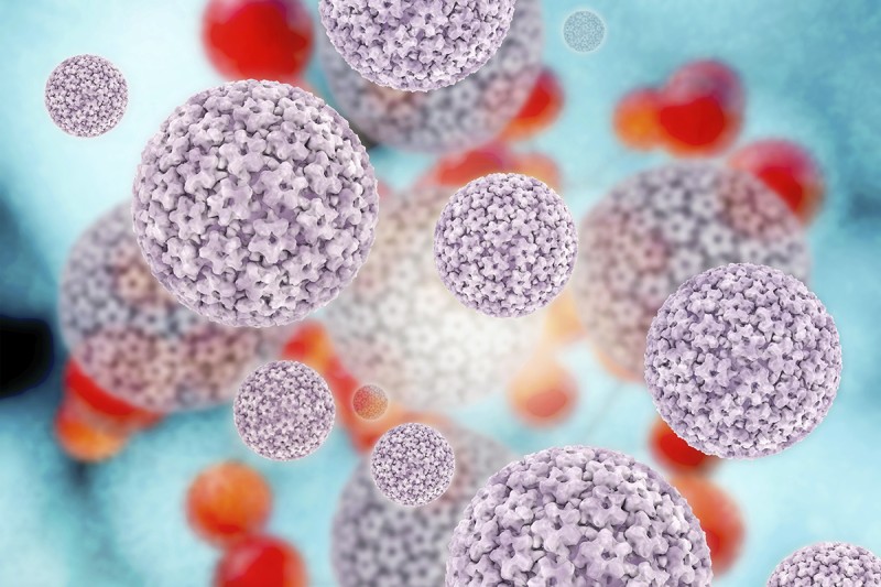 3D illustration of human papilloma virus, depicted by floating spheres 