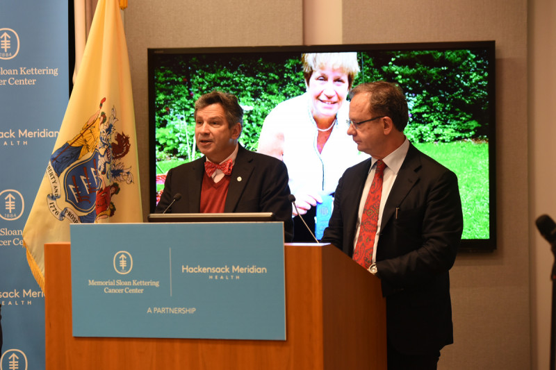 Executives at Memorial Sloan Kettering and Hackensack Meridian Health announce a partnership at a press conference