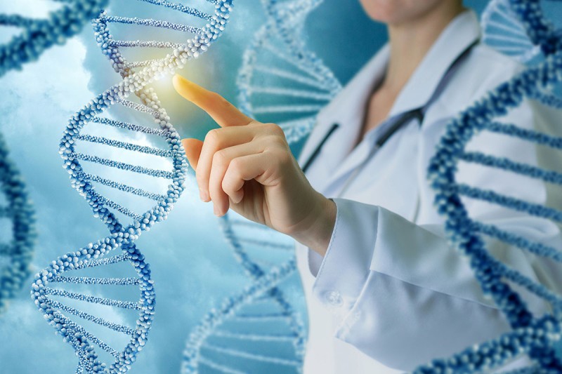 Illustration of a female doctor touching a strand of DNA