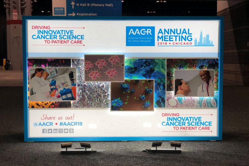 Sign for AACR scientific meeting featuring collage of images