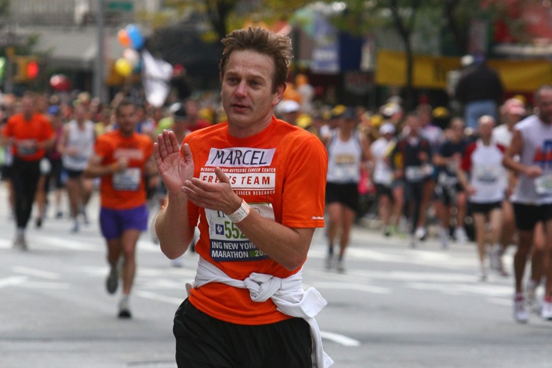 MSK physician-scientist Marcel van den Brink running the 2007 New York City marathon