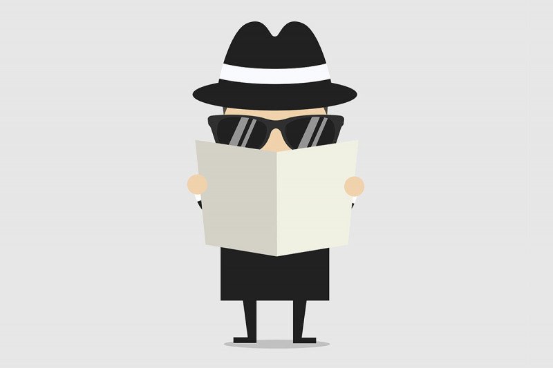 A cartoon of a person hiding behind a newspaper and sunglasses.