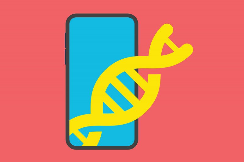 Image of a mobile phone with a strand of DNA