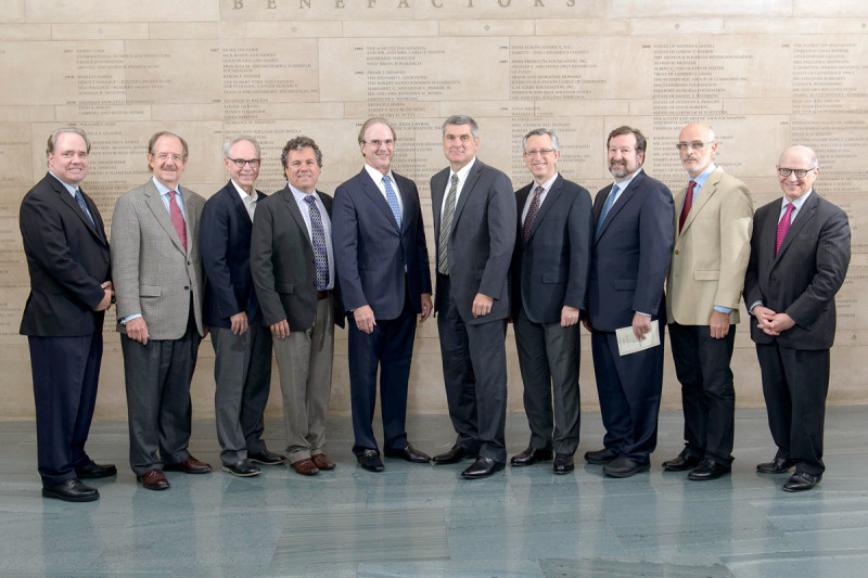 Geoffrey Beene Cancer Research Center  Executive Committee -- (From left) Scott Armstrong, Thomas Kelly, Charles Sawyers, Scott Lowe, G. Thompson Hutton, Craig Thompson, Joan Massagué, David Scheinberg, Alexander Rudensky, and Larry Norton. (Missing: Robert Wittes)
