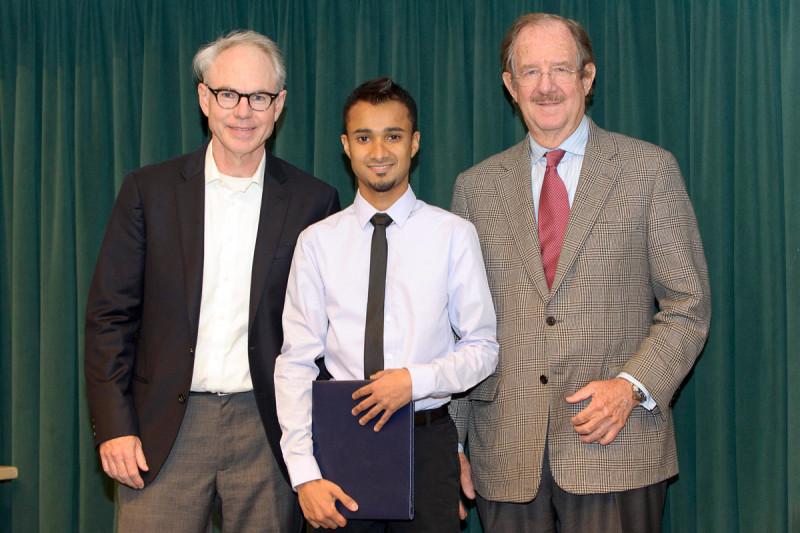 Charles Sawyers and Thomas Kelly present Neel Shah with the 2012 Geoffrey Beene Graduate Student Fellowship award.