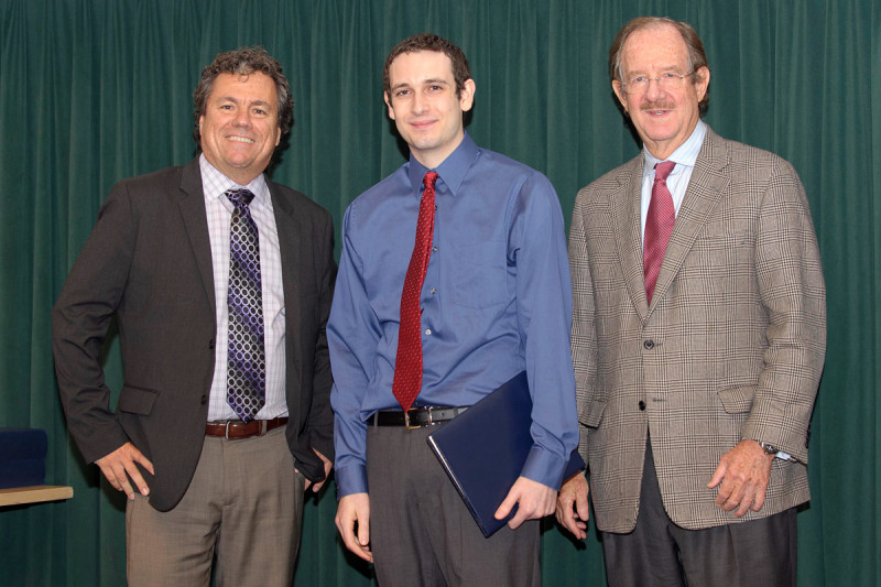 Ted Kastenhuber receives the 2012 Geoffrey Beene Graduate Student Fellowship award from Thomas Kelly, alongside his mentor Scott Lowe.