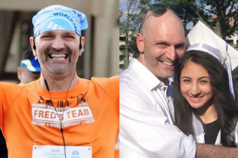 David wearing an orange t-shirt and David posing with his daughter, in a cap and gown