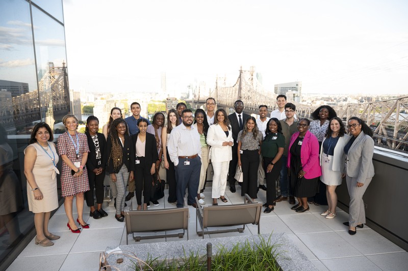 Students in the 2023 Summer Pipeline Program with Dr. Anoushka Afonso, Faculty Director for the program (front row, 6th from right), and Leticia Mercado, Associate Director of MSK's Office of Health Equity (far right).