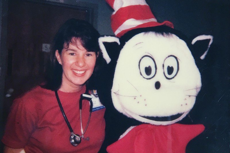 Dr. Gosselin and a pediatric patient dressed as the Cat in the Hat.