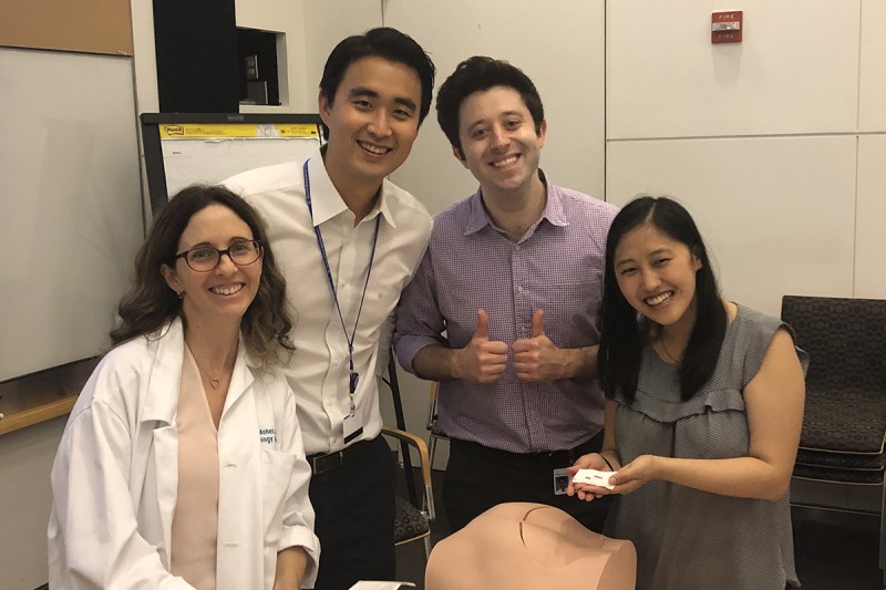 Dr. Jodi Mones (Associate Program Director) with fellows Dr. Jaeyop Lee, Dr. Ross Firestone, and Dr. Monica Chen during a Bone Marrow Simulation Workshop.
