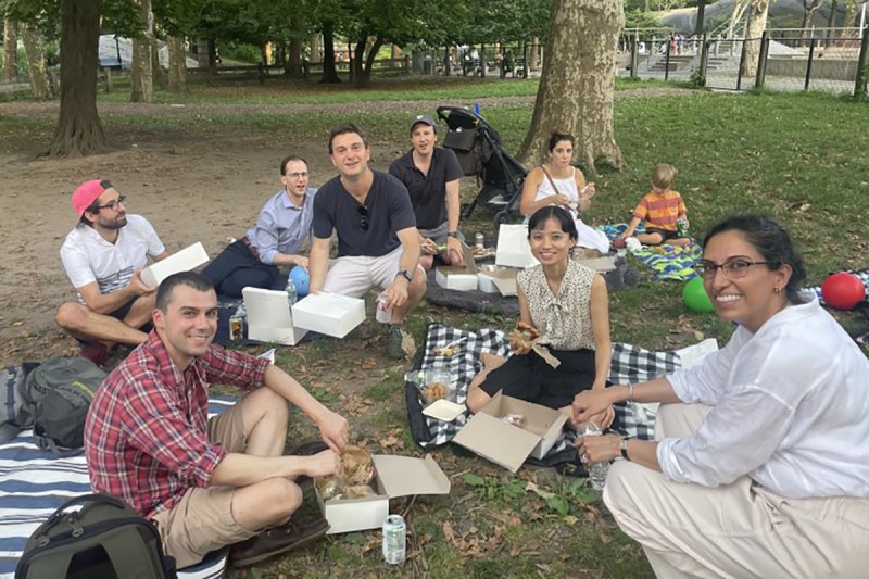 Dr. Joshua Schoenfeld, Dr. James Smithy, Dr. Robert Stuver, Dr. Alexander Boardman, Dr. Robert Stanley, Dr. Xiaoli Mi, and Dr. Vicky Makker at the Faculty and Fellows Picnic in Central Park.