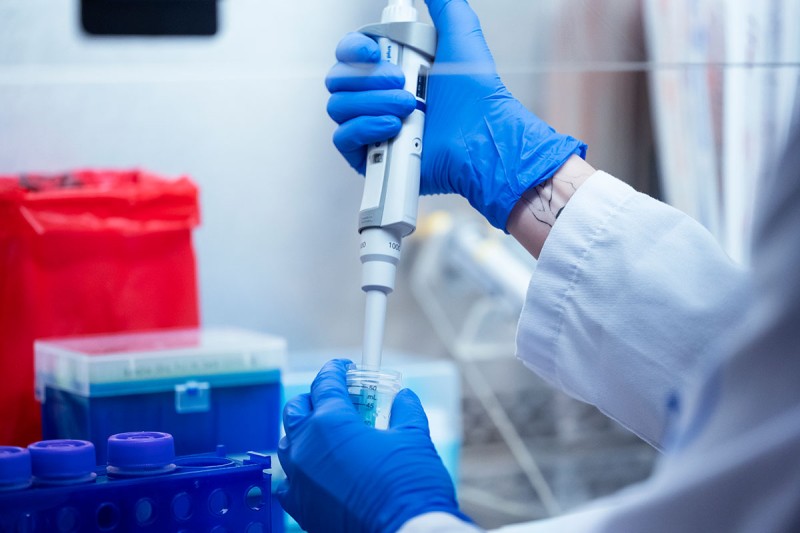 Gloved hands holding a pipette.