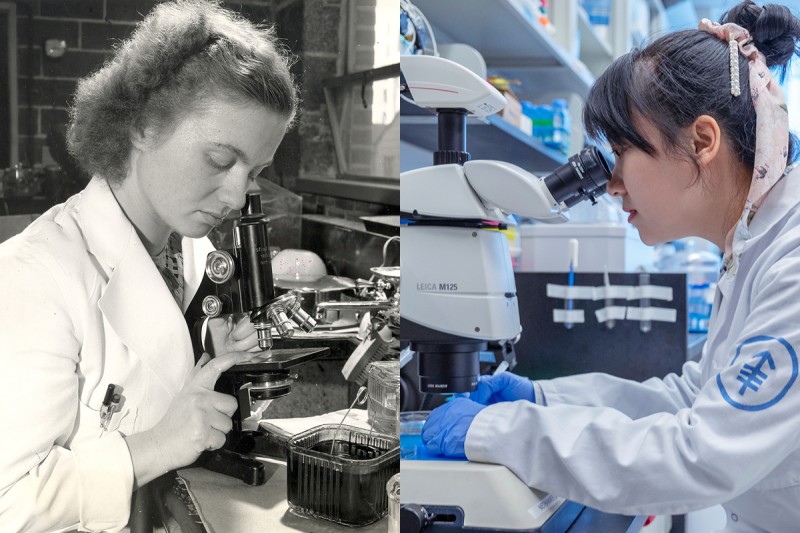 a composite showing a black and white, historical photo of a woman at the microscope on the left, and a modern version of a similar picture on the right