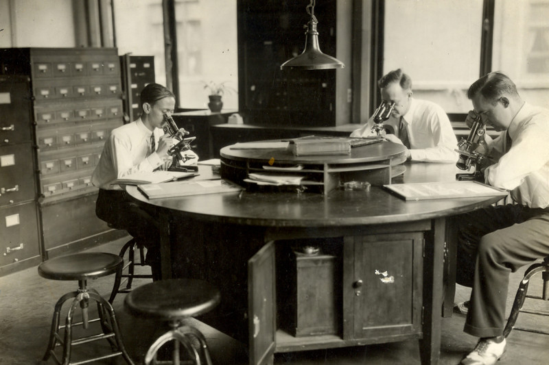 Then: Researchers in the Pathological Research Building at the New York Cancer Hospital in 1917.