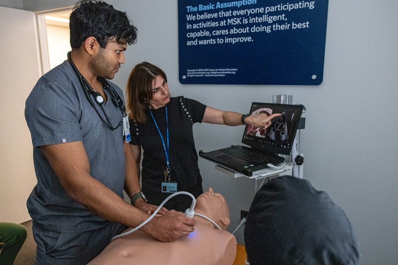 Dr. Khayala Balabayova teaches a fellow the proper technique of acquiring cardiac windows during ultrasound workshop.