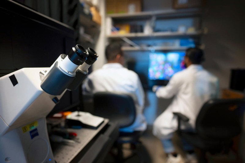 Microscope in foreground, MSK researchers in the background.