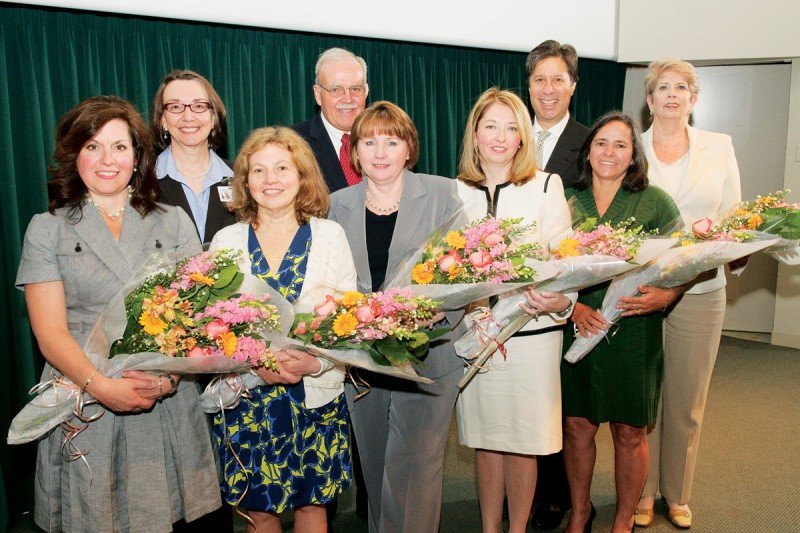 (Front, from left) Elaine Pottenger, Mary Schoen, Kathleen Lombardo, Catherine Licitra, and Maria Sampogna. (Back) Elizabeth McCormick; Nurse Practitioner Clinical Program Director Dennis Graham; Eric Rudin, grandson of Samuel and May Rudin and Vice Chairman and President of the Rudin Management Company, Inc.; and Lorraine McEvoy.