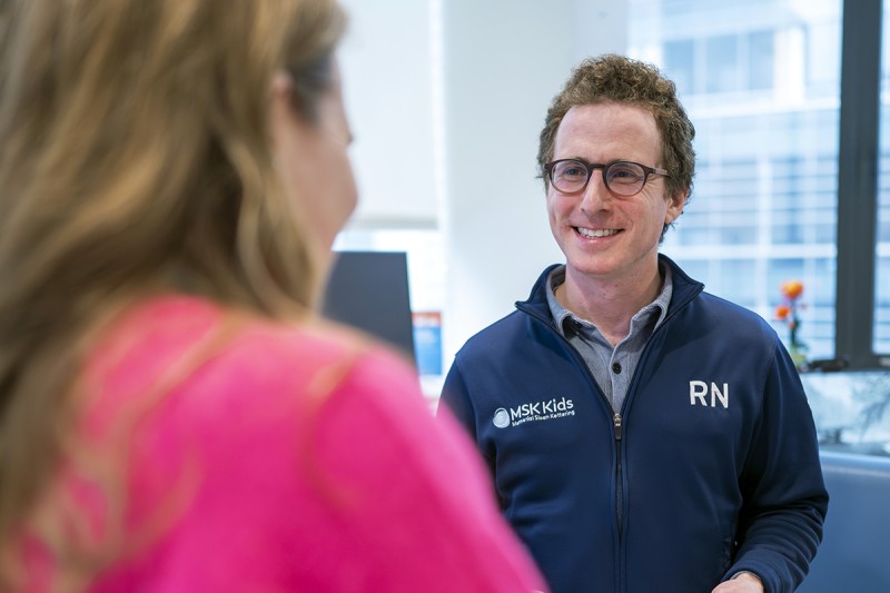 MSK Kids nurse Noah Axe cares for patients with sarcoma, including long-term follow-up for clinical trials.  
