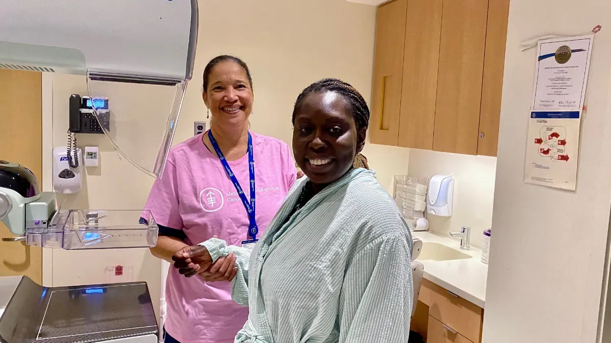 Patient Neysa about to have her first mammogram at MSKCC.
