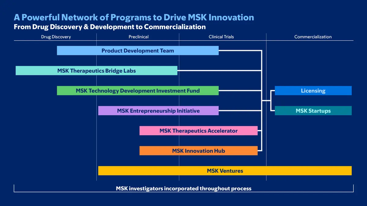 Dark blue infographic listing the powerful network of programs driving MSK innovation