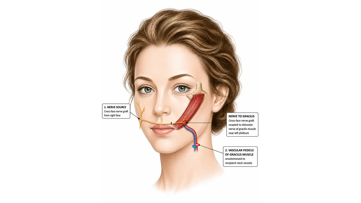 Drawing of gracilis muscle and nerve transfer used to restore facial movement. 