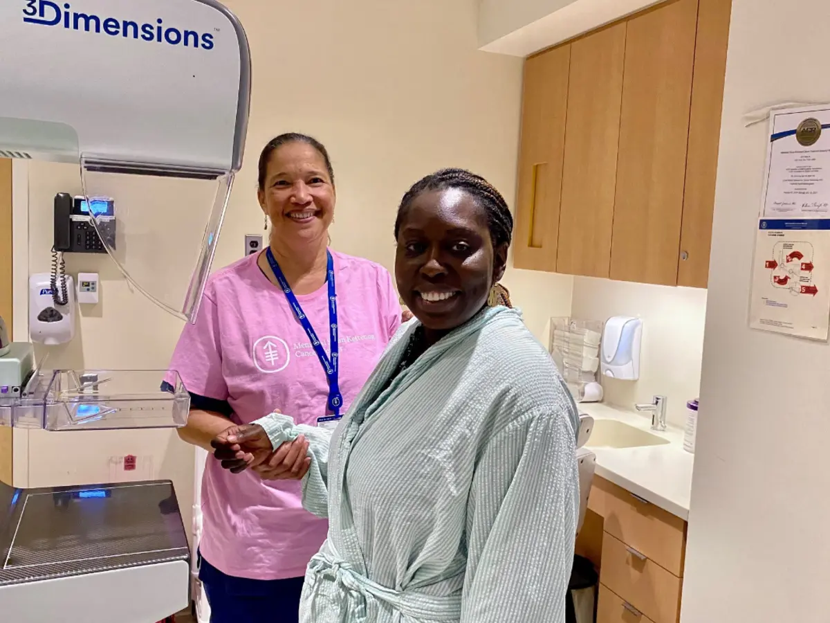 Patient Neysa about to have her first mammogram at MSKCC.