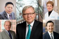Yi-Long Wu, President of CTONG, and Sir Murray Brennan, MSK’s Senior Vice President of International Programs; center: Honorable Kevin Rudd, 26th Prime Minister of Australia and 8th President and CEO of Asia Society; right (top to bottom): Lisa DeAngelis, MSK’s Physician-in-Chief and Chief Medical Officer, and Bob Li, MSK’s Physician Ambassador to China and Asia-Pacific